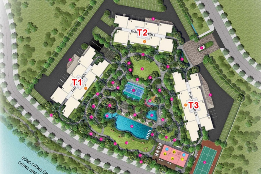 Mặt bằng thiết kế tại dự án Palm Spring được thiết kế theo không gian mở, view hướng ra sông